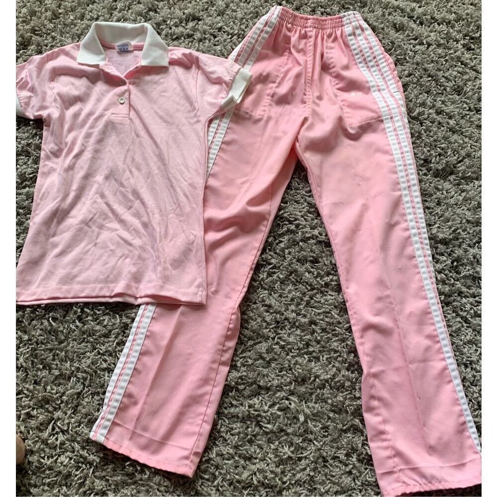 Vintage Adidas pink Polo T-Shirt & Pants SET girls kids M 8-10 year old